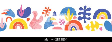 Formes découpées organiques abstraites bordure vectorielle sans couture. Motif horizontal sans couture découpe du papier à main illustration de collage de style matisse. Enfant branché Illustration de Vecteur