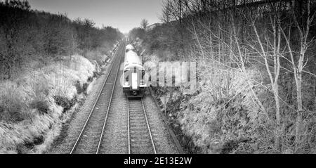 Vue panoramique sur le paysage d'un train qui fonctionne sur un chemin de fer local. Banque D'Images