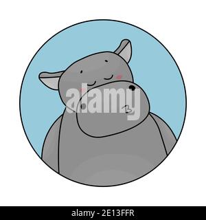 Gris mignonne hippo montre un baiser, les yeux sont fermés, les joues sont rouges. Avatar sur fond bleu Illustration de Vecteur