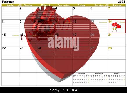 Valentinstag Kalender 14. Février mit roten Herzen Banque D'Images