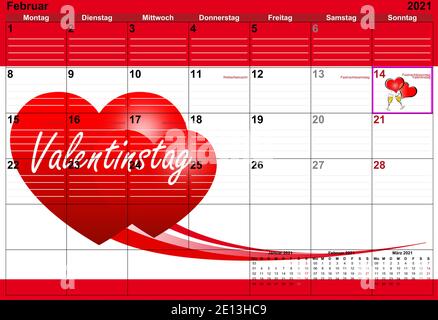 Valentinstag Kalender 14. Février mit roten Herzen Banque D'Images