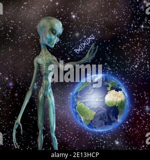 Alien regarde le brin d'ADN. Rendu 3D Banque D'Images