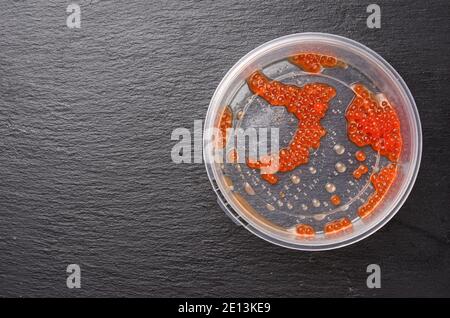 caviar rouge restant dans un récipient rond en plastique sur fond noir, vue de dessus Banque D'Images
