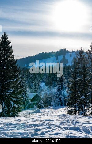 Frisch verschneite Landschaft mit Haus am Waldland. Paysage enneigé avec une maison de vacances au bord de la forêt, un jour ensoleillé. L'hiver est magnifique Autriche Banque D'Images