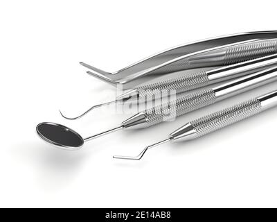 rendu 3d des instruments de diagnostic dentaire sur fond blanc Banque D'Images