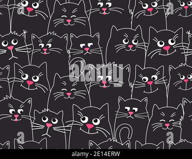 Arrière-plan de motif noir de chat mignon. Différents visages de chats, drôle, triste, endormi. Illustration vectorielle en style plat. Illustration de Vecteur