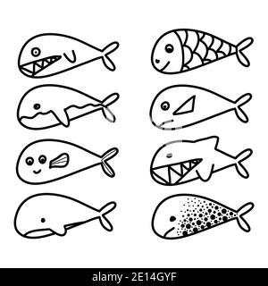 Ensemble de poissons et de baleines, différentes humeur mignon bon mal, noir et blanc dessin à la main Doodle vector illustration Illustration de Vecteur