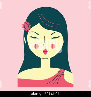 Portrait d'une jeune femme asiatique avec de longs cheveux foncés et une fleur, avatar de couleur rose, visage avec des yeux étroits, illustration vectorielle Illustration de Vecteur