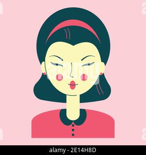 Portrait d'une jeune femme asiatique, avatar de couleur rose, visage aux yeux étroits, coiffure soignée, style rétro dans les vêtements, illustration vectorielle Illustration de Vecteur