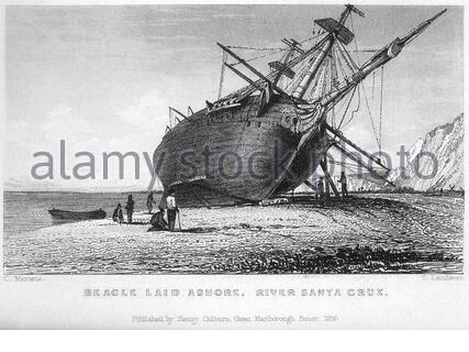 HMS Beagle a posé à terre pour des réparations, River Santa Cruz, illustration ancienne de 1838 Banque D'Images