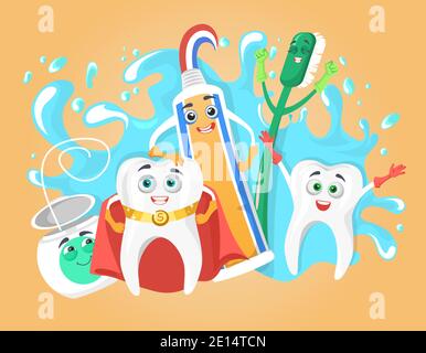 Dents, brosse à dents, dentifrice et soie dentaire heureux et en bonne santé avec visages humains, illustration vectorielle plate. Meilleurs amis. Illustration de Vecteur