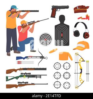 Armes et accessoires de club de tir et de gamme, illustration isolée à vecteur plat. Le sport de tir. Illustration de Vecteur