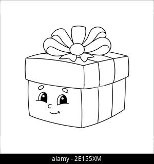 Boîte cadeau. Livre de coloriage pour enfants. Caractère joyeux. Illustration vectorielle. Joli dessin animé. Page fantaisie pour les enfants. Silhouette de contour noire. Est Illustration de Vecteur