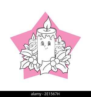 Bougies de Noël décorées de feuilles de houx. Page de couleur noir et blanc pour les enfants. Joli personnage de dessin animé. Vecteur plat isolé illust Illustration de Vecteur