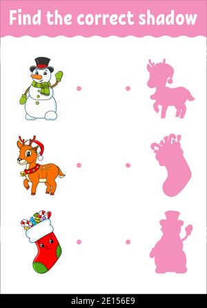 Trouvez l'ombre correcte. Cerf, bonhomme de neige, chaussette. Feuille de travail de développement de l'éducation. Jeu assorti pour enfants. Page d'activité couleur. Puzzle pour les enfants. Mignon c Illustration de Vecteur