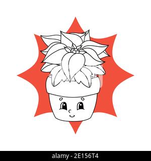 Fleur de poinsettia dans un pot. Page de couleur noir et blanc pour les enfants. Joli personnage de dessin animé. Illustration isolée à vecteur plat. Illustration de Vecteur