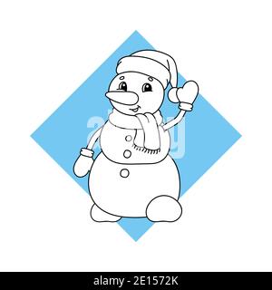 Bonhomme de neige de Noël dans un chapeau et un foulard agitant. Page de couleur noir et blanc pour les enfants. Joli personnage de dessin animé. Illustration isolée à vecteur plat. Illustration de Vecteur