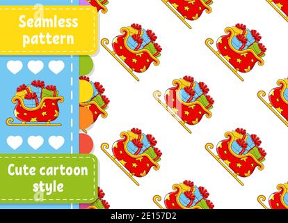 Motif coloré sans couture. Santa claus traîneau de Noël avec cadeaux. Style de dessin animé. Thème de la nouvelle année. Illustration vectorielle isolée sur fond blanc. Illustration de Vecteur