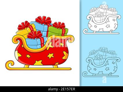 Santa claus traîneau de Noël avec cadeaux. Ensemble d'illustrations vectorielles isolées sur fond blanc et coloré. Elément de conception. Trait noir. Dessins animés s Illustration de Vecteur