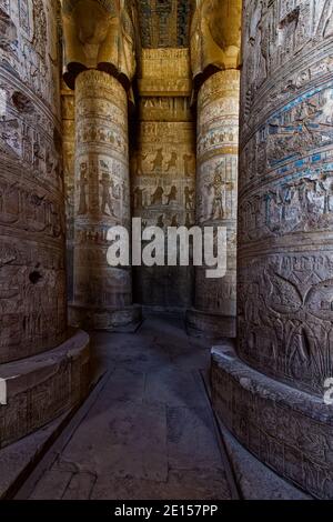 Colonnes à tête de Hathor dans le hall extérieur de Hypostyle Banque D'Images