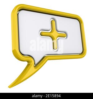 Bulle de parole jaune volumétrique avec symbole plus. Bulle de parole sur bande dessinée brillante avec symbole plus isolé sur fond blanc. Illustration 3D Banque D'Images