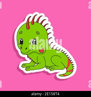 Iguana vert. Autocollant coloré d'un joli personnage de dessin animé. Illustration vectorielle plate isolée sur fond couleur. Elément de conception. Illustration de Vecteur