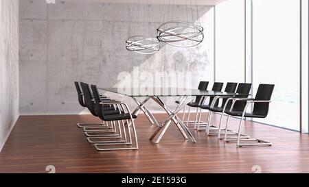 Salle de conférence moderne et lumineuse avec une grande table en verre et dix chaises de bureau, de hautes fenêtres, deux lampes modernes et une salle en béton vierge Banque D'Images