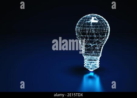Élément filaire lumineux d'une ampoule sur fond bleu foncé. Rendu 3D Banque D'Images