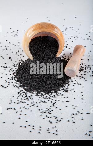 Graines de Nigella sativa également connu sous le nom de cumin noir, kalo jeera, kalonji et carvi noir dans la pelle en fer et le mortier sur fond blanc en bois avec copie sp Banque D'Images