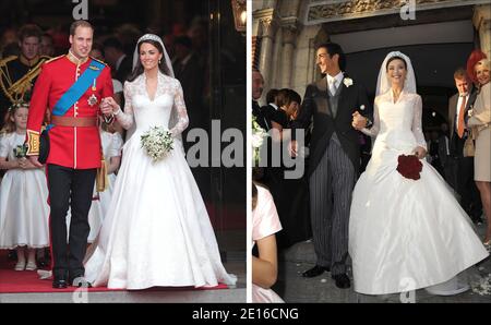 À gauche : le prince William et sa nouvelle épouse Kate descendent dans l'allée de l'abbaye de Westminster, Londres, après leur mariage, Londres, Royaume-Uni, le 29 avril 2011. La robe de Kate, qui est une conception de Sarah Burton pour la maison de mode d'Alexander McQueen, ressemble à la robe de mariage de l'actrice italienne Isabella Orsini créée par le designer belge Gerald Watelet. Photo par PA photos/ABACAPRESS.COM droit: EXCLUSIF. Mariage religieux du prince belge Edouard de ligne la Tremoille et de l'actrice italienne Isabella Orsini à Antoing, Belgique, le 5 septembre 2009. La robe de Kate Middleton, qui est une conception de Sarah Burt Banque D'Images