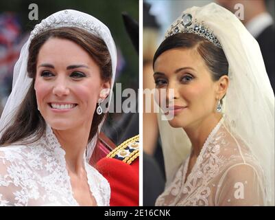 À gauche : la mariée du Prince William, Kate, sourit à la foule alors qu'elle passe le long du Mall en route vers Buckingham Palace après avoir été mariée à Westminster Abbey, Londres, Royaume-Uni, le 29 avril 2011. Photo par PA photos/ABACAPRESS.COM droit: EXCLUSIF. Mariage religieux du prince belge Edouard de ligne la Tremoille et de l'actrice italienne Isabella Orsini à Antoing, Belgique, le 5 septembre 2009. La robe de Kate Middleton, qui est une conception de Sarah Burton pour la maison de mode d'Alexander McQueen, ressemble à la robe de mariage d'Isabella Orsini créée par le designer belge Gerald Watelet. Photo de Gouhier-Guibba Banque D'Images