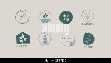 Collection de logos délicats dessinés à la main et des icônes des aliments biologiques, des produits frais et naturels de la ferme, collection d'éléments pour le marché alimentaire, bio Illustration de Vecteur