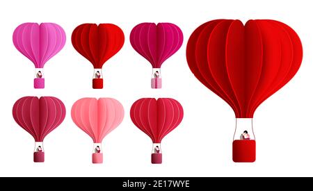 Coeur chaud air ballon valentine vecteur ensemble. Ballons d'air chaud rouge en forme de coeur avec des personnages de couple datant isolés dans fond blanc. Illustration de Vecteur