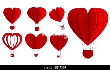 Coeur chaud air ballon valentine vecteur ensemble. Ballons d'air chaud rouge dans l'élément de forme de coeur isolé dans fond blanc pour les valentines romantiques. Illustration de Vecteur