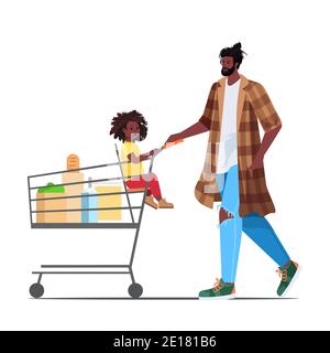 père afro-américain avec petite fille dans chariot achat épicerie dans la paternité de supermarché parent shopping concept pleine longueur vecteur illustration Illustration de Vecteur