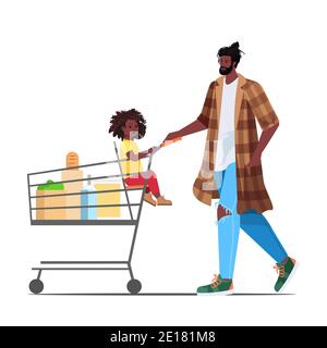 père afro-américain avec petite fille dans chariot achat épicerie dans la paternité de supermarché parent shopping concept pleine longueur vecteur illustration Illustration de Vecteur