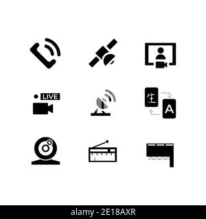 Ensemble d'icônes de communication avec appel téléphonique, satellite, appel vidéo, enregistrement en direct, Web de traduction, radio et tableau de bord Illustration de Vecteur