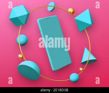 Design abstrait avec maquette smartphone dans cadre rond de formes géométriques 3d hémisphère, octaèdre, sphère, cône, cylindre et icosaèdre sur fond rose avec perles d'or, rendu mobile vectoriel Illustration de Vecteur