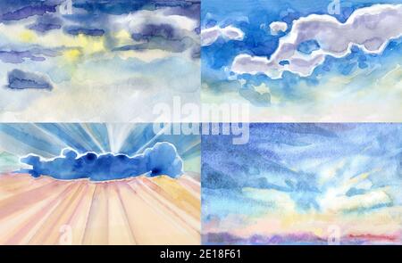 Illustrations aquarelles du ciel avec nuage. Peinture naturelle artistique arrière-plan abstrait. Saison, le paradis Banque D'Images