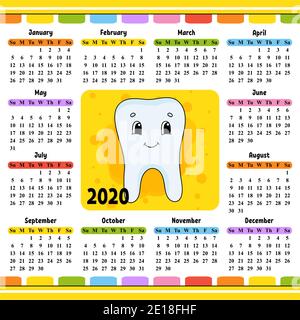 Une dent saine sans carie est souriante. Calendrier pour 2020 avec un personnage mignon. Design amusant et lumineux. Illustration vectorielle de couleur isolée. Dessin animé Illustration de Vecteur