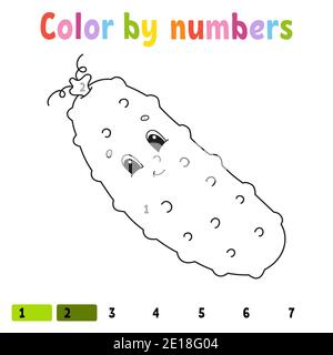 Couleur par numéros concombres. Livre de coloriage pour enfants. Caractère végétal. Illustration vectorielle. Joli dessin animé. Dessiné à la main. Feuille de travail pour enfant Illustration de Vecteur