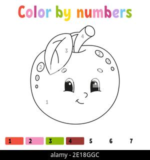 Couleur par nombres pomme. Livre de coloriage pour enfants. Caractère fruit. Illustration vectorielle. Joli dessin animé. Dessiné à la main. Feuille de travail pour les enfants. ISO Illustration de Vecteur