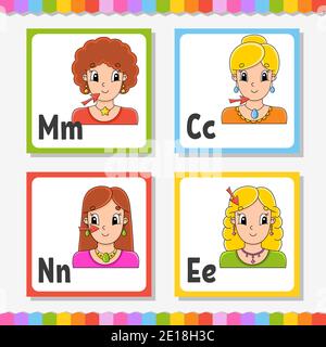 Alphabet anglais. Cartes flash carrées lettre M, C, N, E. ABC. Personnage de dessin animé isolé sur fond blanc. Pour l'éducation des enfants. Feuille de travail de développement. Illustration de Vecteur