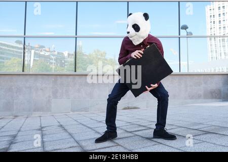 Un voleur de sexe masculin portant un masque de tête de panda dérobe un porte-documents s'échappant et regardant en arrière. Voleur bizarre. Banque D'Images