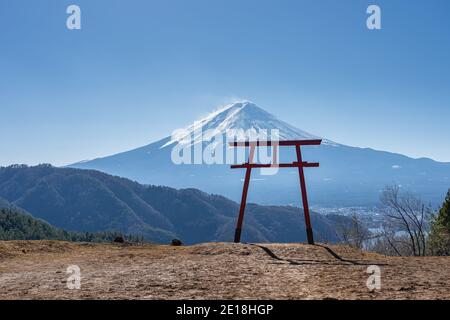 Mont Fuji avec porte de Torii à Kawaguchiko, Japon. Banque D'Images