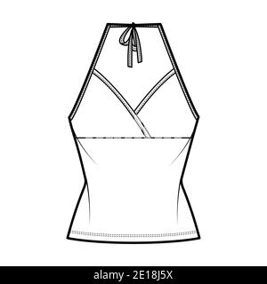 Haut tank de surf haut en jersey de coton illustration technique de la mode avec couture Empire, noeud, coupe cintrée, longueur tunique. Modèle d'extérieur plat avant, couleur blanche. Femmes hommes unisexe CAD maquette Illustration de Vecteur