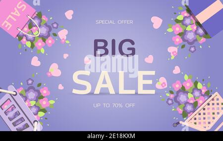 Soldes du printemps. Bannière pour les réductions pour Pâques, le 8 mars ou la fête des mères. Jolie illustration vectorielle avec cadeaux, fleurs et lettres. Design plat dans des tons violets et roses mignons pour la publicité, la bannière, le site Web ou la circulaire. Illustration de Vecteur
