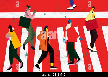 Coronavirus covid-19 risque dévastateur d'infection des vagues dans les rues aérosol spry chez les personnes marchant. Banque D'Images