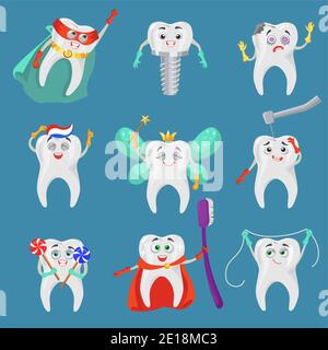 Jeu de caractères de dessin animé drôle de dent, illustration isolée à vecteur plat. Dents heureuses et tristes avec les visages humains. Emoji dentaire Illustration de Vecteur