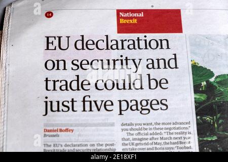 « la déclaration de l'UE sur la sécurité et le commerce ne pourrait être que cinq Pages's Brexit UE split Guardian titre du journal 31 juillet 2018 Londres Angleterre Royaume-Uni Banque D'Images